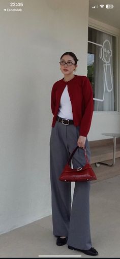 Bright Jumper Outfit, Red Cardigan Work Outfit, How To Style A Red Jacket, Spring Outfits Maximalist, Red Sweater Work Outfit, Red Top Work Outfit, Modest Red Outfits, Styling Red Cardigan, Modest Valentines Day Outfit