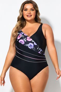 Black Flower Printed Women One Piece Swimsuit Black One-piece Swimwear With Floral Print, Black Floral Print One-piece Swimwear, Black Floral Print Swimwear, Black Floral Print Swimwear For Spring, Black Flower, Fashion Gallery, One Piece For Women, Rib Cage, Flower Prints