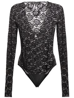 Find BALENCIAGA Nylon Blend Lace V-neck Bodysuit on Editorialist. Hem snap button closure. All over pattern placement may vary. Model is wearing a size38 Balenciaga Bodysuit, Luxury Fitted V-neck Bodysuit, Luxury V-neck Bodysuit, Alaia Bodysuit, Black Compressive Nylon Bodysuit, Barbie Closet, Balenciaga Women, Lace Body, V Neck Bodysuit