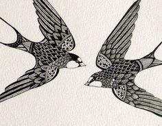 two birds flying next to each other on a white paper background with black and white ink