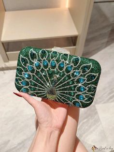 Bird in Bag - Luxurious Peacock Pattern Clutch Bag with Rhinestones for Evening Events Peacock Clutch, Female Wallet, Green Exterior, Dress Decoration, Beautiful Peacock, Peacock Wedding, Peacock Pattern, Clutch Purse Evening, Phone Purse