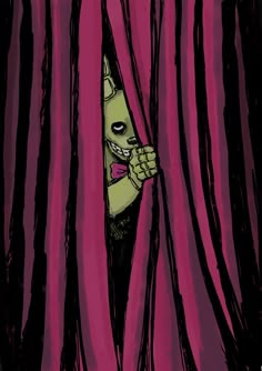 a cartoon character peeking out from behind the curtain