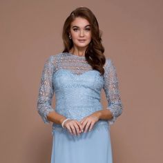 Nox Pastel Blue Long Gown With 3/4 Length Sleeves. Lace Illusion Bodice With Chiffon Skirt. Full Zip In Back. Fully Lined. Measures 52 Inches From Underarm To Floor. 100% Polyester. Soft Padded Cup Inserts. M Fits Bust 39, Waist 32, Hips 39. Fitted Chiffon Gown With Illusion Neckline, Blue Chiffon Dress With Sheer Sleeves, Party Dress With Sheer Bodice In Light Blue, Light Blue Sheer Bodice Dress For Party, Light Blue Sheer Bodice Party Dress, Blue Lace Evening Dress With Illusion Neckline, Light Blue Party Dress With Sheer Bodice, Blue Sheer Dress For Wedding, Blue Illusion Neckline Dress For Wedding