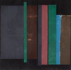 an abstract painting with different colors and lines on the bottom half of it, including blue, green, brown, and black