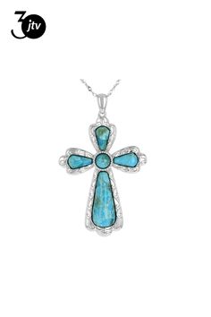 6mm round, 23x10mm, 10x6mm free-form cabochon composite Kingman turquoise rhodium over sterling silver cross pendant with 18" Singapore chain. Measures approximately 2.30"L x 1.43"W. Lobster clasp. 2.5mm bail. 2" extender. Finished back. This product contains composite turquoise. This means separate pieces of turquoise were bound together. Nickel-free Sterling Silver Crucifix Jewelry, Southwestern Silver Cross Jewelry, Nickel-free Sterling Silver Cross Pendant Jewelry, Silver Crucifix Jewelry With Large Pendant, Turquoise Sterling Silver Cross Pendant, Turquoise Sterling Silver Cross Pendant Jewelry, Silver Cross Gemstone Necklace, Southwestern Blue Cross Jewelry, Silver Cross Necklace With Gemstone