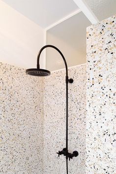 a shower head and hand shower in a bathroom with speckles on the walls