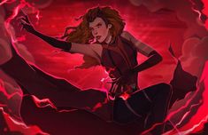 a woman with red hair and black pants is flying through the air in front of lightning