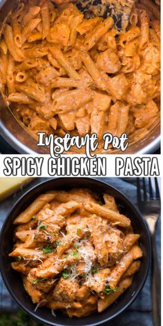 two pictures with different types of pasta in them and the words instant pot spicy chicken pasta