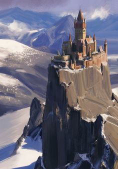 an artistic painting of a castle on top of a mountain in the middle of winter