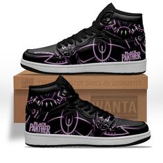 Black Panther IT J1 Shoes Custom Super Heroes Sneakers-Gear Wanta Black Panther Custom Shoes, Black Panther Shoes, J1 Shoes, Super Hero Shoes, Nba Sneakers, Harry Potter Shoes, It Shoes, Cartoon Shoes, Shoe Ideas