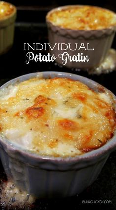 individual potato gratin in a baking dish with the title above it reads individual potato gratin