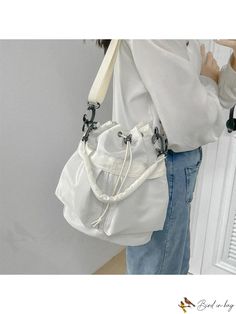 BirdinBag - Adjustable Shoulder Strap Handbag with Drawstring Closure - Spacious and Stylish White Crossbody Hobo Bag For School, White Large Capacity Hobo Bag For School, White Large Capacity Bucket Bag For School, Trendy Drawstring Bag With Adjustable Strap For Daily Use, White Canvas Crossbody Bucket Bag, White Hobo Bag With Removable Pouch For School, White Hobo Bag With Adjustable Handle For Everyday, White Bucket Canvas Bag For School, Casual White Bucket Bag For Errands