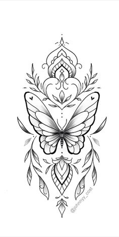 a black and white drawing of a butterfly with feathers on it's back side