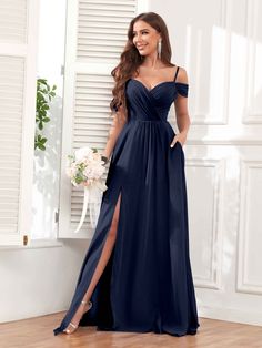 #color_Navy Blue Brides Maid Dresses Blue, Kali Dress, Long Occasion Dresses, Outfit Fiesta, Blue Bride, Bridesmaid Dresses Long Chiffon, Navy Blue Bridesmaid Dresses, Maid Of Honour Dresses, Floor Length Chiffon Bridesmaid Dresses