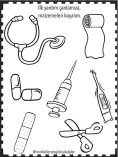 a black and white poster with medical items on it's side, including an iv