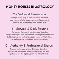 a pink poster with the words money houses in astrology