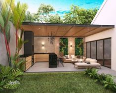 an outdoor kitchen and living room are shown in this artist's rendering, which is part of the backyard