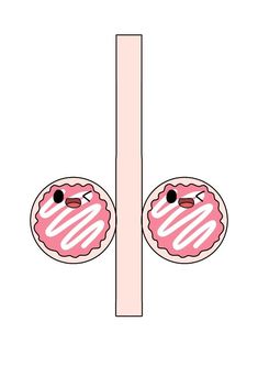 a pink donut with two faces sticking out of it