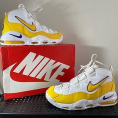 Extremely Rare Nike Air Max Uptempo “Lakers” Men’s 11 Ck0892-102 Pre-Owned But In Excellent Condition(See Photos) Limited Edition! Yellow Sneakers With Boost Midsole For Sports, High-top Sneakers With Air Max Cushioning For Sports, Yellow High-top Sneakers For Sports Events, Throwback White Lace-up Basketball Shoes, Nike Yellow Sneakers For Sports Events, Derek Fisher, Lakers Basketball, Rare Nikes, Athletic Sneakers