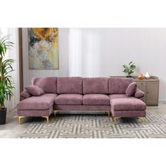 a living room with a large purple couch and potted plants on the floor in front of it