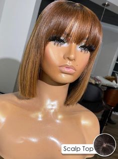 Caramel Brown Blunt Cut Bangs Bob Scalp Top Wig - JCS010 Caramel Brown Hair, Cut Bangs, Burmese Hair, Bangs Bob, Top Wig, Bob Cut Wigs, Natural Looking Wigs, How To Cut Bangs, Virgin Hair Wigs