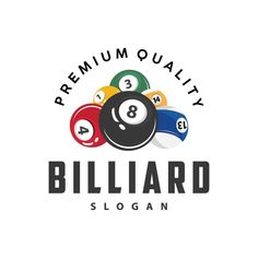 billard logo with eight ball and numbers on the bottom, in front of white background