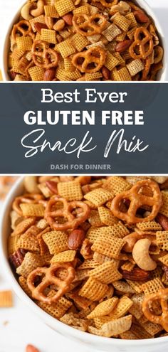 the best ever gluten free snack mix in a white bowl with text overlay