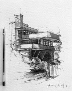 a pencil drawing of a house on top of a hill