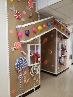 an office cubicle decorated with candy and lollipops