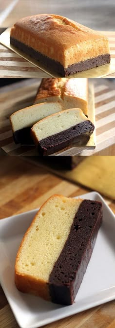 three different slices of cake on white plates