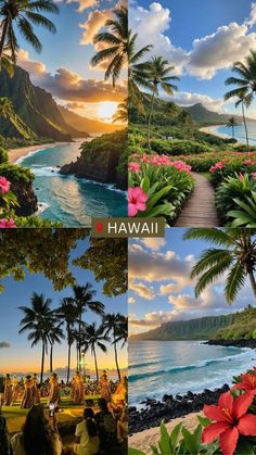 the hawaiian island with palm trees, flowers and people on it is shown in three different pictures