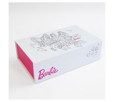 the box is white with pink trim and features a drawing of a fairy on it