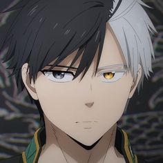 an anime character with black hair and yellow eyes looking at the camera while staring straight ahead