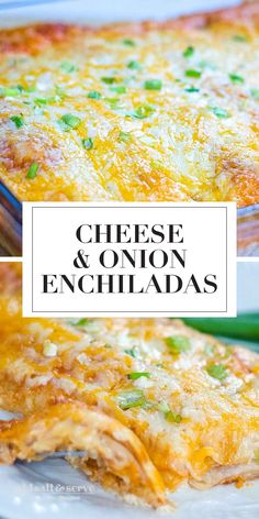 cheesy and onion enchiladas on a plate with the title overlay