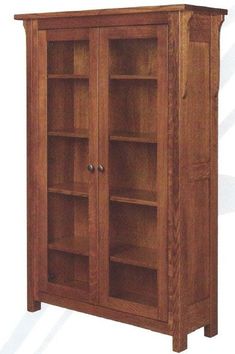 a wooden bookcase with two doors and shelves on the front, one door open