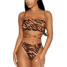 Nwt Naked Wardrobe Swimsuit Tiger Print Buttery Soft 2-Piece Bikini Size Medium Orange Bandeau Swimwear For Beach Season, Orange Strapless Tube Top For Beach, Strapless Orange Tube Top For Beach, Orange Bandeau Beachwear Swimwear, Orange Bandeau Swimwear For Beach Party, Orange Strapless Swimwear For Swimming, Orange Strapless Swimwear For Pool, Fitted Orange Tube Top For Beach, Orange Bandeau Swimwear For Summer