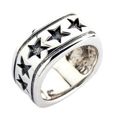 "handmade of 925 sterling silver; the ring's interior is stamped with 925 hallmark; ring's weight: 17 grams; its width is 12 mm (1/2\"). The stars are strewn all over a band made of sterling silver. While the band provides a carefully polished white backdrop, the stars display a dark finish courtesy of blackening. We intentionally made them rugged, coarse, and hand-drawn to showcase their individuality. The stars as if dance because we placed them at different angles. Both edgings of the ring ca Mens Band Rings, Unique Wedding Bands, White Backdrop, Love Stars, Men's Jewelry Rings, Star Ring, Sterling Silver Mens, Mens Band, Everyday Jewelry