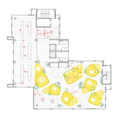 the floor plan for an apartment with yellow furniture