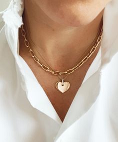 Elegant Gold Chain Necklace With Heart Pendant, Elegant Jewelry With Figaro Chain And Heart Pendant, Luxury Yellow Gold Paperclip Chain Necklace, Luxury Figaro Chain Necklace With Rectangular Links, Elegant Heart Pendant Necklace With Figaro Chain, Elegant Gold Plated Heart Pendant Chain Necklace, Elegant Gold Plated Chain Necklace With Heart Pendant, 14k Rose Gold Chain Necklace, Everyday 14k Gold Chunky Chain Necklace