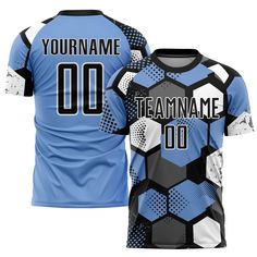 a blue and black soccer jersey with the number 00 on it, featuring an image of a