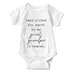 PRICES MAY VARY. hand picked for earth by my great grandma and great grandpa baby bodysuits are made of cotton knitted fabric to keep your baby comfortable. The reinforced three-button closure makes changing diapers a breeze. Unisex Funny hand picked for earth by my grandma and grandpa Baby Rompers: High quality cotton and cute design babies clothes,printed with funny cute For Earth Great Grandma Baby bodysuit Make this newborn romper the perfect gift for expectant mothers, mother's day, baby sh Hand Picked By Grandma In Heaven, Hand Picked For Earth By My Grandma, Grandpa Onesie, Grandpa In Heaven, Baby Grandma, Funny Baby Bibs, Custom Baby Onesies, Funny Baby Clothes