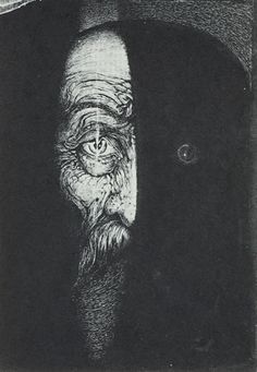 an old man's face is shown in this black and white photo, while the eyes are slightly open