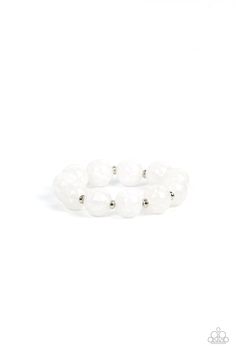 Infused with dainty silver accents, an oversized collection of crackly white glass-like beads are threaded along stretchy bands around the wrist for an icy look. Paparazzi Accessories Jewelry, White Bracelet, White Bracelets, Heart And Key, Paparazzi Accessories, Grey Glass, Paparazzi Jewelry, Silver Accents, Accessories Bracelets