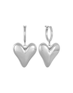 two heart shaped silver earrings with hoops on each side, one in the shape of a