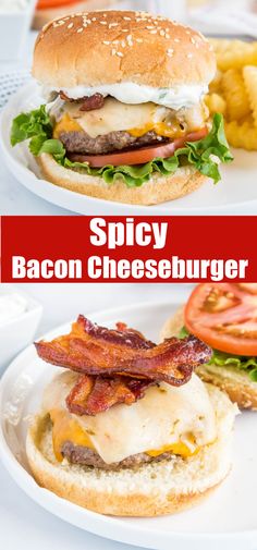 bacon cheeseburger on a bun with lettuce and tomato