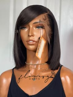 Image of a brown mannequin in a black tank wearing a wig with a swooped bang. The wig has baby hair and is blunt cut 12” (hits at about the shoulders). The wig is sewing machine made by Flowery Units, a black woman owned business. Straight Short Bob, Bob Lace Front Wigs, Frontal Hairstyles, How To Style Bangs, Short Bob Wigs, Human Hair Lace Wigs, Hair Life, Closure Wig, Straight Human Hair