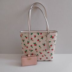 New Absolutely Adorable Kate Spade Jana Tossed Strawberry Printed Tote With Kate Spade Madison Conch Pink Wallet. White Kate Spade Bags With Card Slots, Kate Spade Bags With Card Slots For Gift, Nightmare Before Christmas Purse, Strawberry Tote Bag, Pink Wallet, Strawberry Print, Kate Spade Bags, Print Tote, Kate Spade Bag