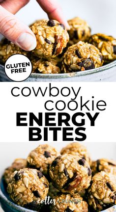 cowboy cookie energy bites in a bowl with text overlay that reads, cowboy cookie energy bites