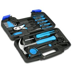 a tool kit in a black case with blue tools inside the box on a white background