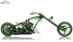 a green and black motorcycle on a white background with the caption's logo below it